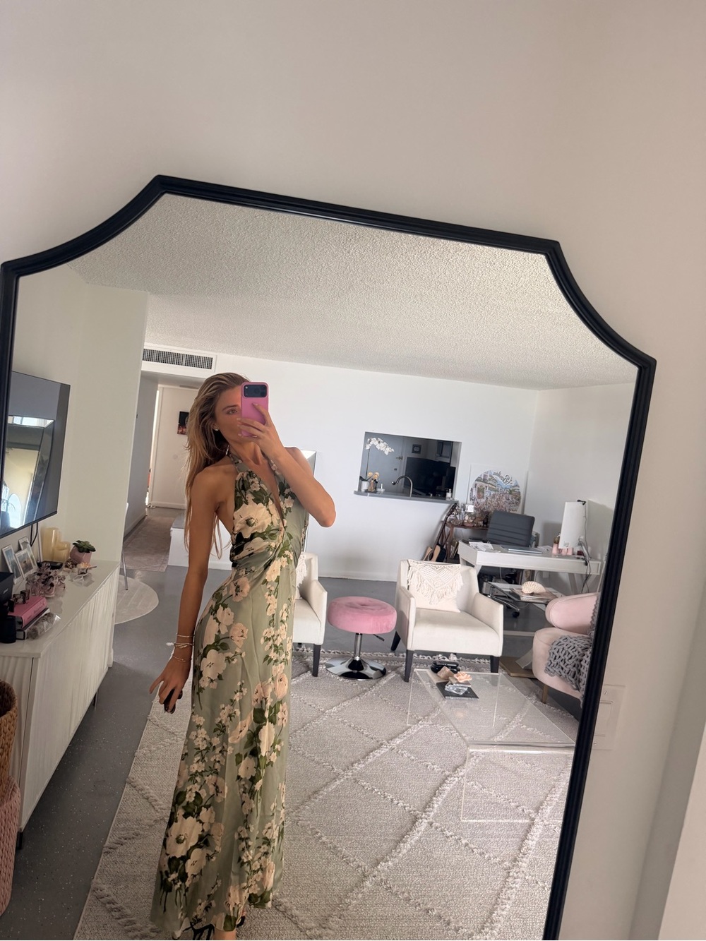 Reformation Sage Green Floral Halter Maxi Dress with Blush Blooms